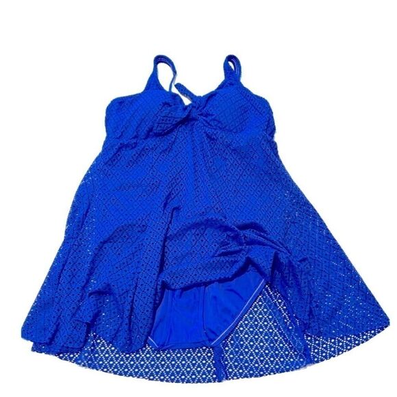 Swim Solutions Swimdress Size 8 Swimsuit Crochet Bow Tummy Control Blue NEW $109 - Picture 9 of 11